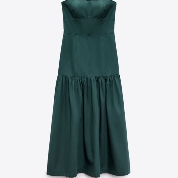 ZARA Dark Green Strapless Bandeau Long Dress with Topstitching Size S - Picture 5 of 5